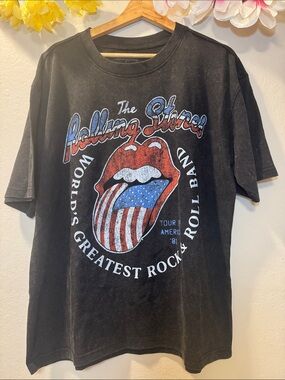 The Rolling Stones Black Tee with Red, White & Blue Tongue Graphic